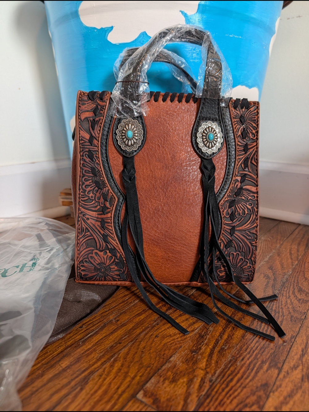 Brown Tooled Leather Satchel with Turquoise Concho Accents